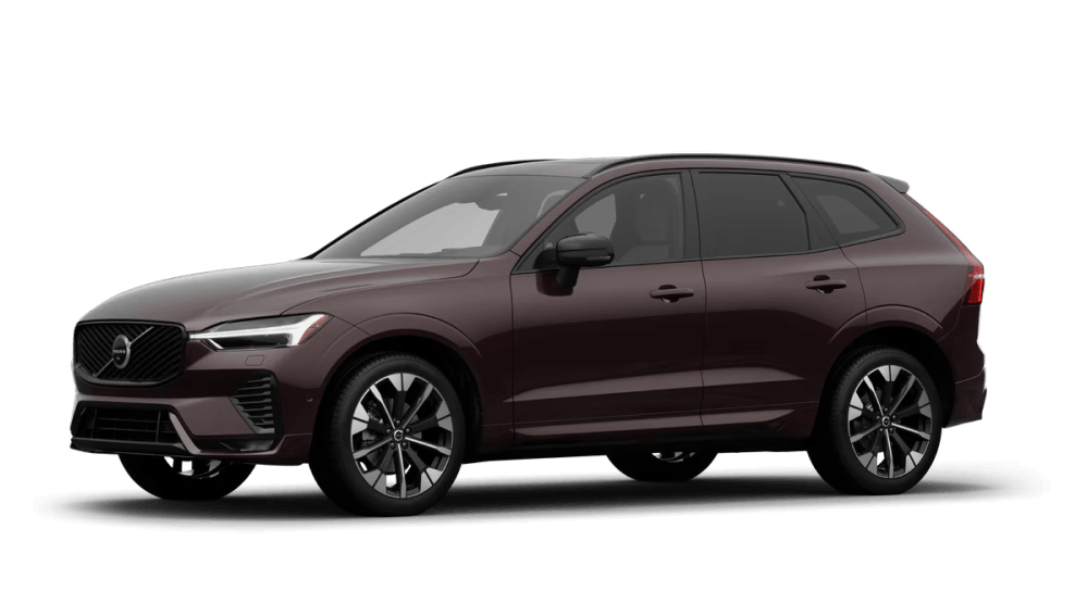 Front three-quarter view of a Volvo XC60 in Mulberry Red on a white background.