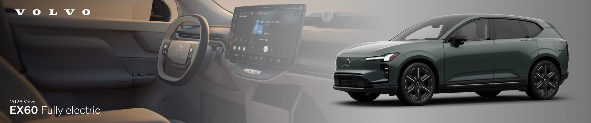 2026 Volvo EX60 interior and exterior. Shows sleek dashboard with a digital display, steering wheel.