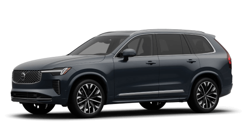 Front three-quarter studio view of a blue Volvo XC90 SUV on a plain white background.