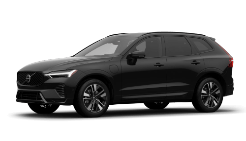 Front three-quarter studio view of a black Volvo XC60 Plug-In Hybrid SUV on a plain white background.