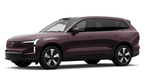Front three-quarter studio view of a dark mulberry Volvo EX90 SUV on a plain white background.
