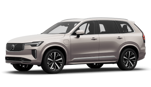 Front three-quarter studio view of a beige Volvo XC90 Plug-in Hybrid SUV on a plain white background.