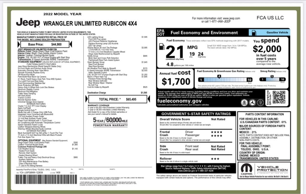 Used 2022 Jeep Wrangler Unlimited Rubicon with VIN 1C4JJXFG6NW122638 for sale in Pittston, PA