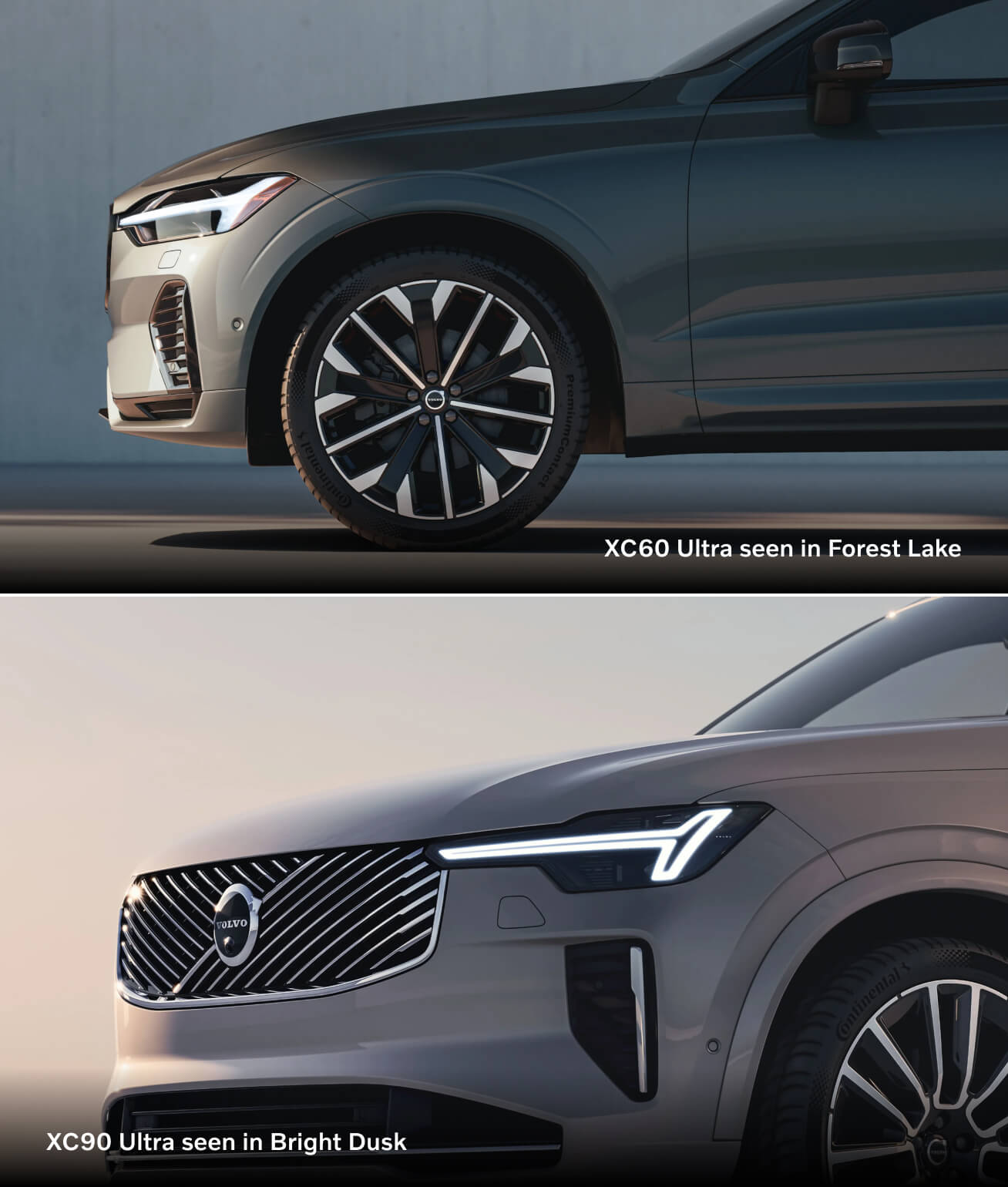Top: 2026 Volvo XC60 Ultra in Forest Lake, front wheel detail. Bottom: 2026 XC90 Ultra in Bright Dusk, front fascia detail.