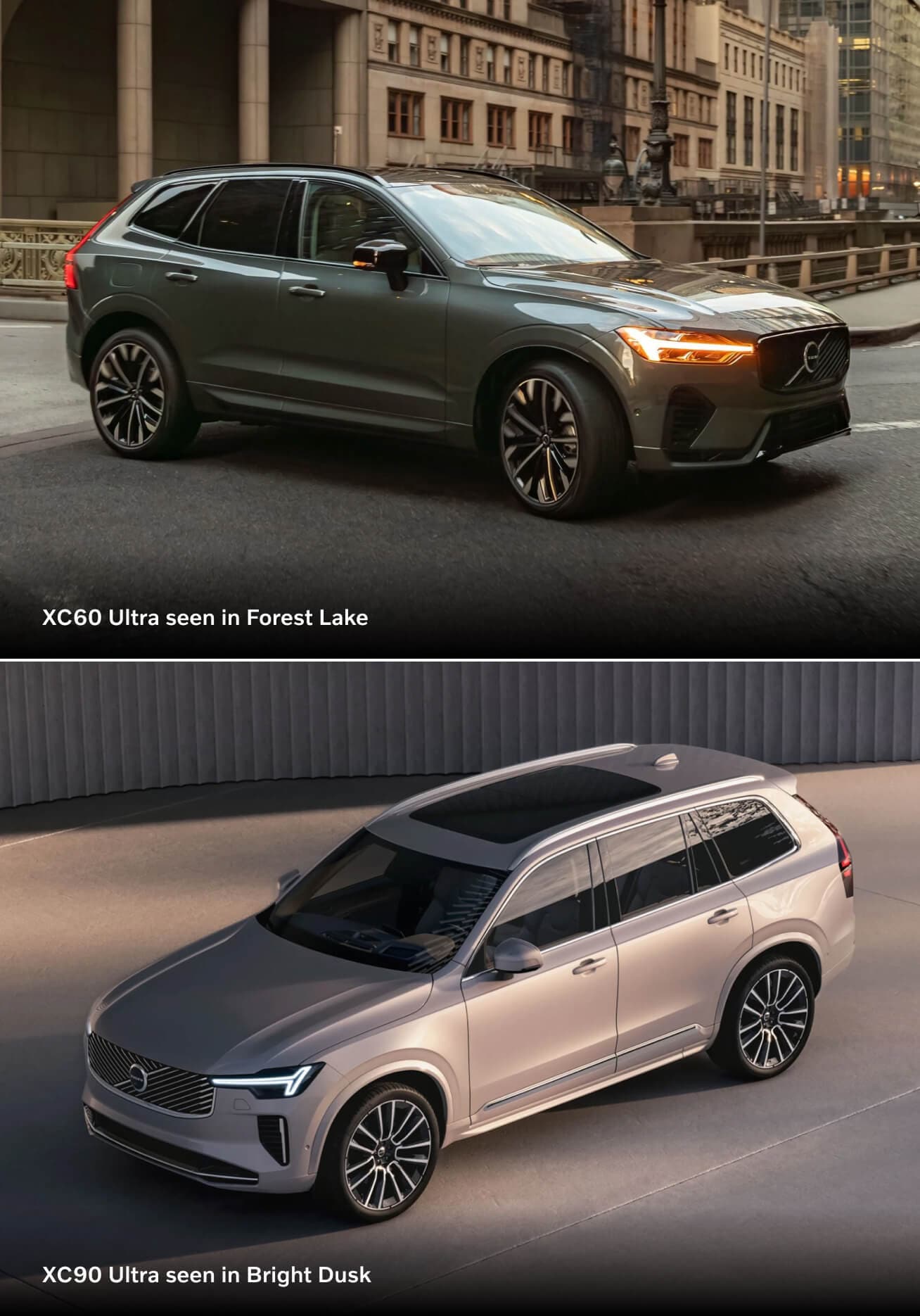 Top: 2026 Volvo XC60 Ultra in Forest Lake on a city street. Bottom: 2026 Volvo XC90 Ultra in Bright Dusk, elevated view.