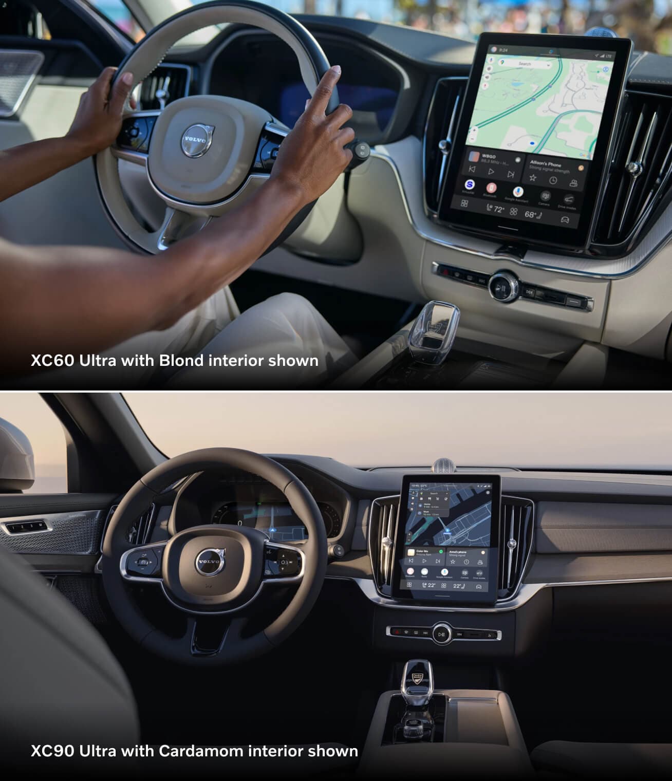 Top: 2026 Volvo XC60 Ultra, Blond interior cockpit. Bottom: 2026 Volvo XC90 Ultra, Cardamom interior cockpit.