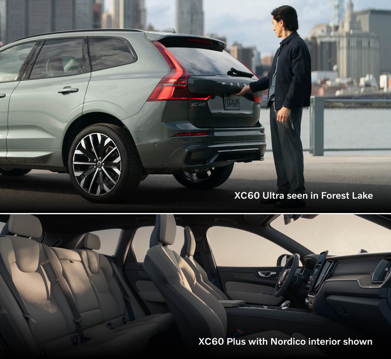 Top: 2026 Volvo XC60 Ultra in Forest Lake, rear view with man. Bottom: 2025 XC60 Plus Nordico interior, cabin view.