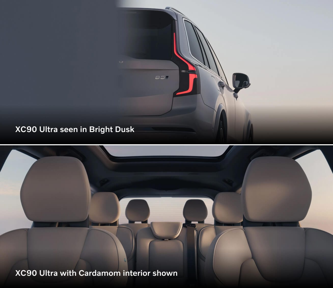 Top: 2026 Volvo XC90 Ultra in Bright Dusk, rear view. Bottom: Cardamom interior with three-row seating and panoramic roof.