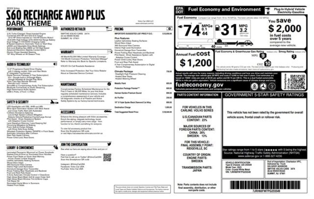 Used 2023 Volvo S60 Recharge Plug-In Hybrid T8 Plus Dark Theme Sedan