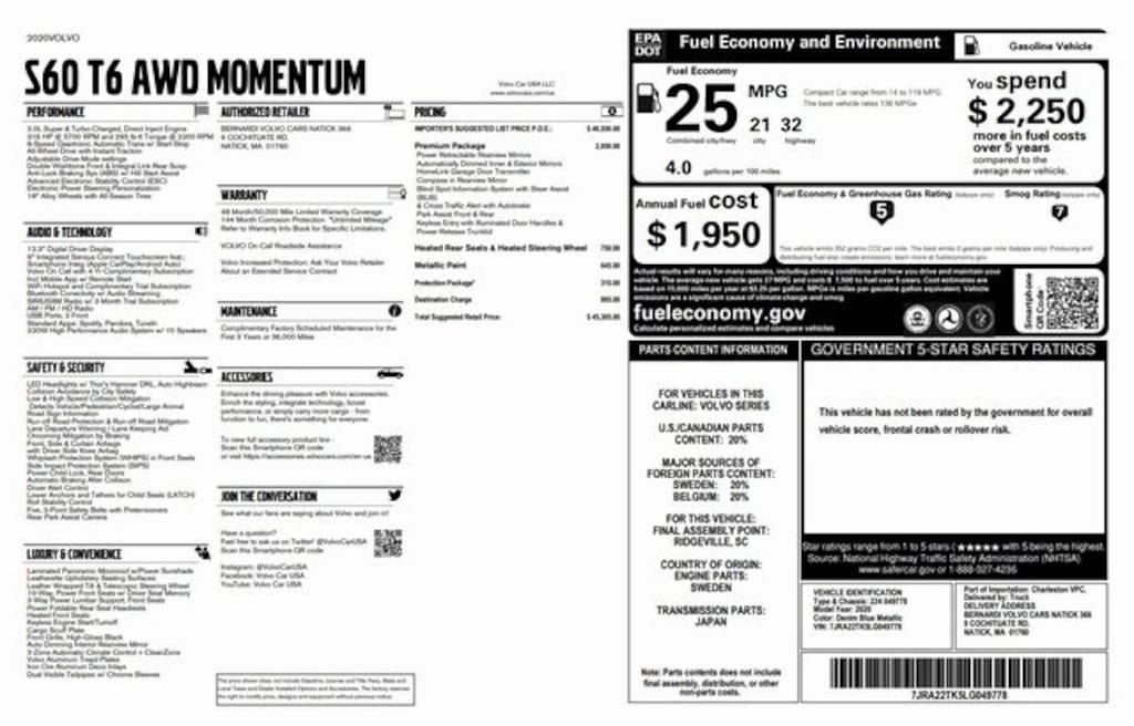 Used 2020 Volvo S60 T6 Momentum Sedan