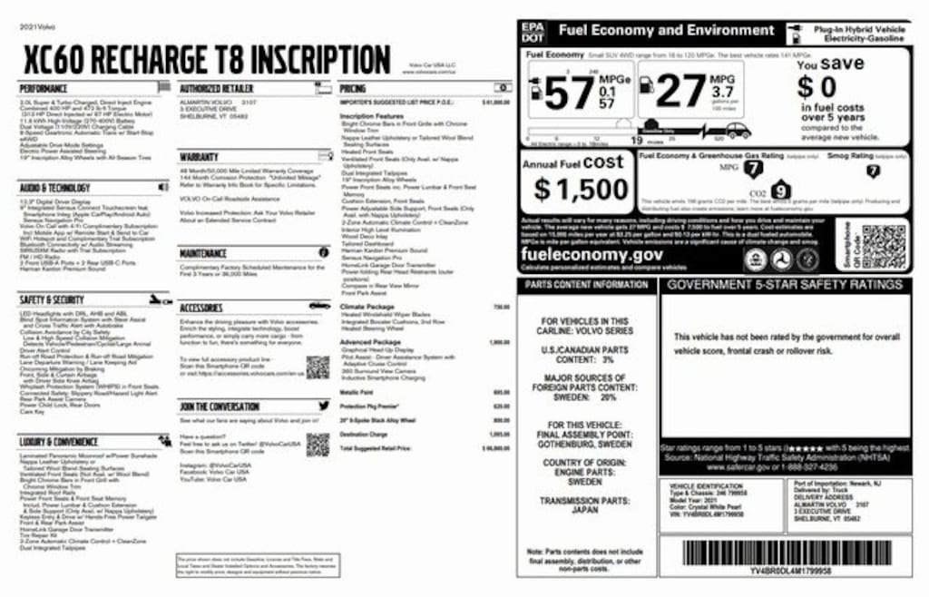 Used 2021 Volvo XC60 Recharge Plug-In Hybrid T8 Inscription SUV