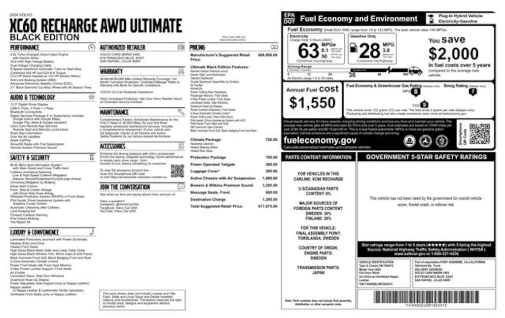 Certified 2024 Volvo XC60 Recharge Plug-In Hybrid Ultimate SUV