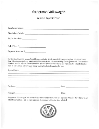 Vehicle Deposit Form In Fort Wayne In Vorderman Vw