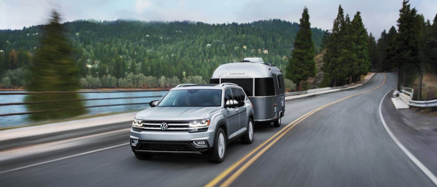 2019 Silver VW Atlas Towing an Airstream