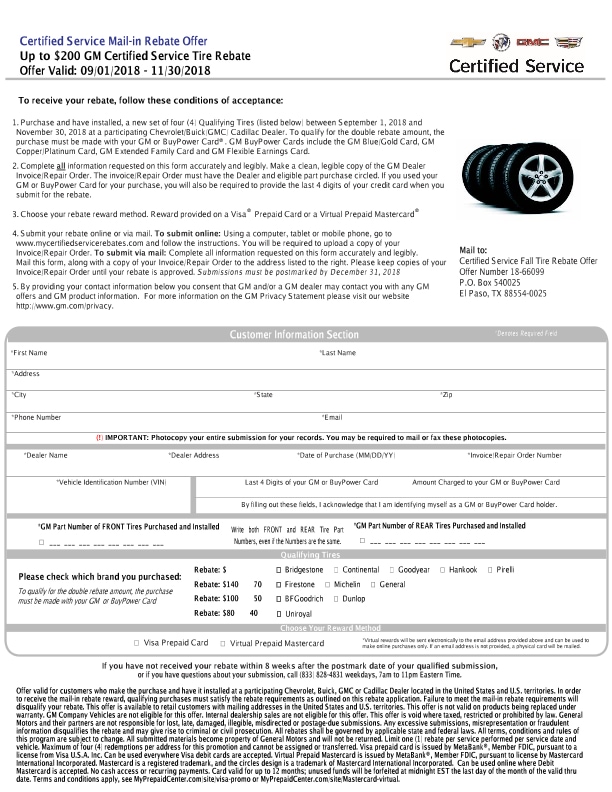 Gm Certified Service Tire Rebate Form