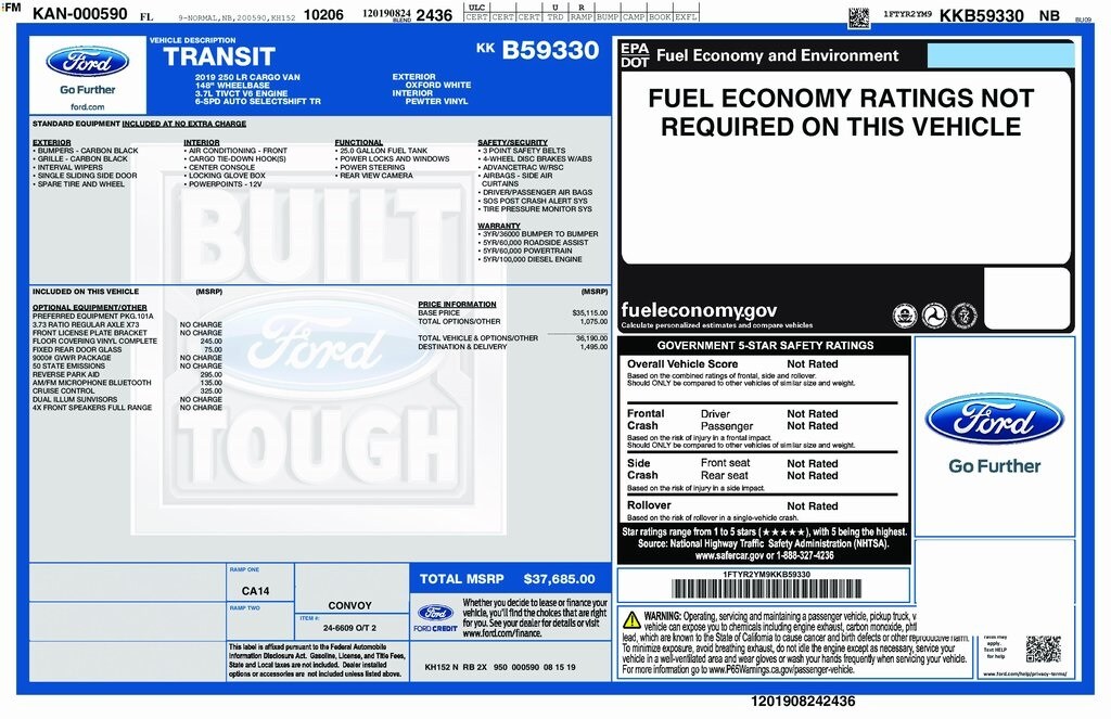 Certified 2019 Ford Transit-250 Base w/Sliding Pass-Side Cargo Door Van Low Roof Cargo Van