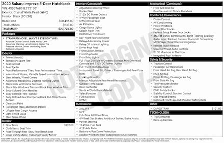 2020 Subaru Impreza Base Trim Level 5-door