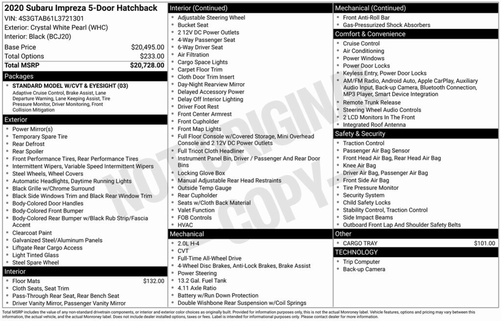 Certified 2020 Subaru Impreza Base Trim Level 5-door