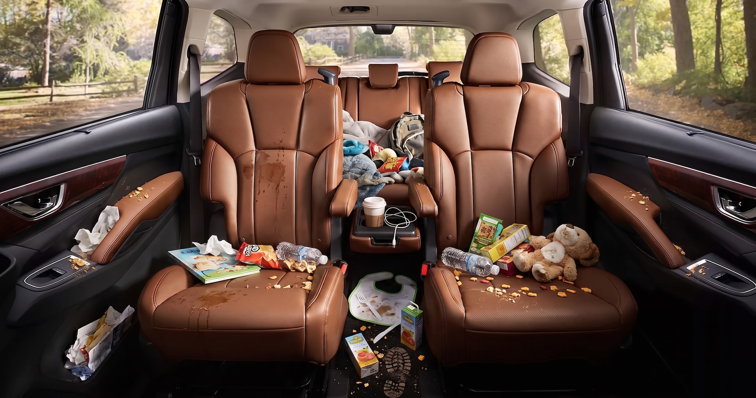 Messy Car Interior with Kids Snacks