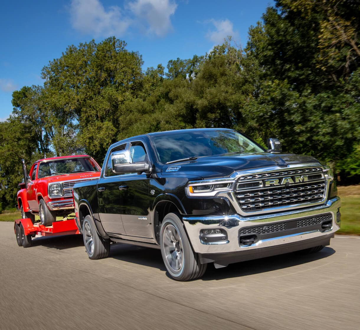 Ram 1500 Towing a Trailer Carrying a Truck