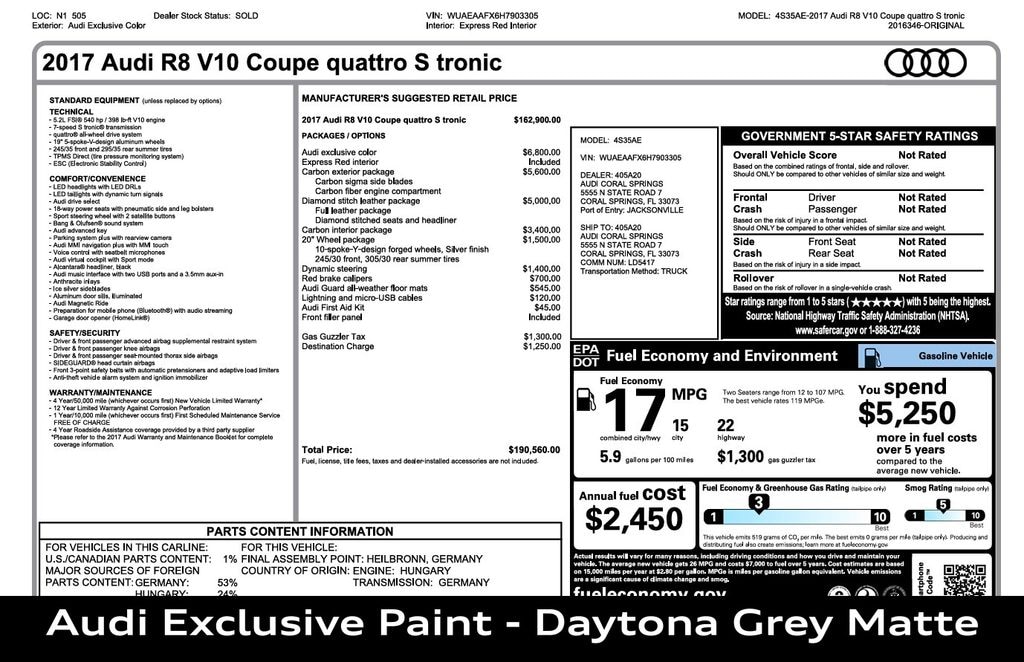 Used 2017 Audi R8 5.2 V10 Coupe