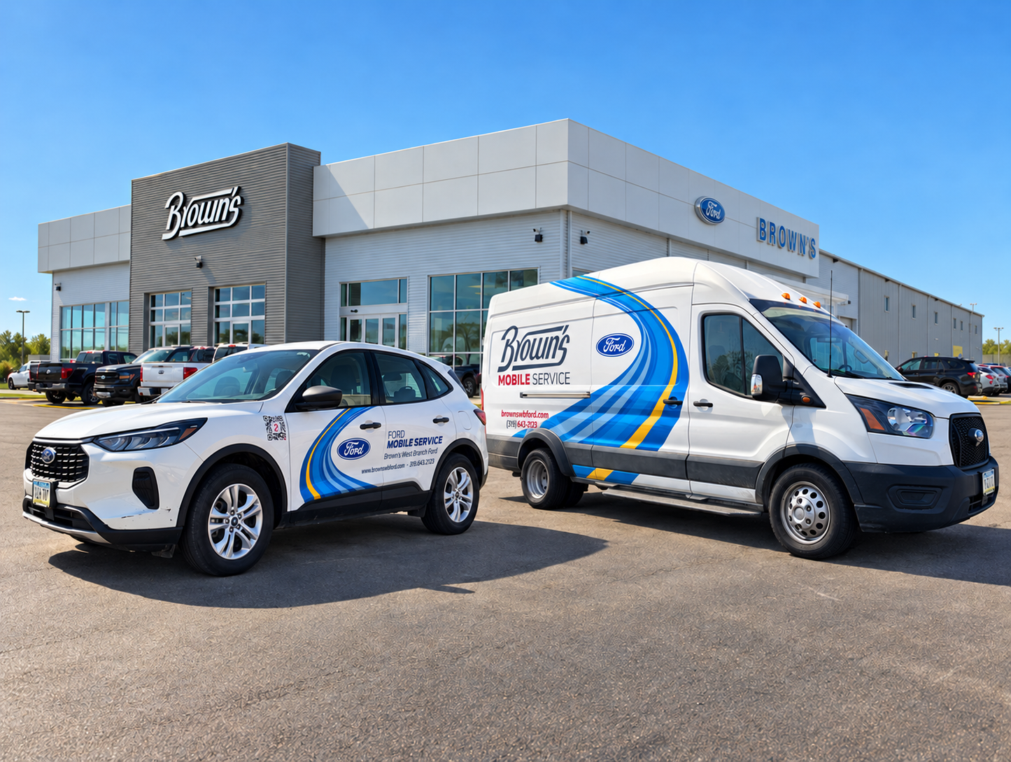 Brown’s West Branch Ford Mobile Service Escape and van in front of the dealership