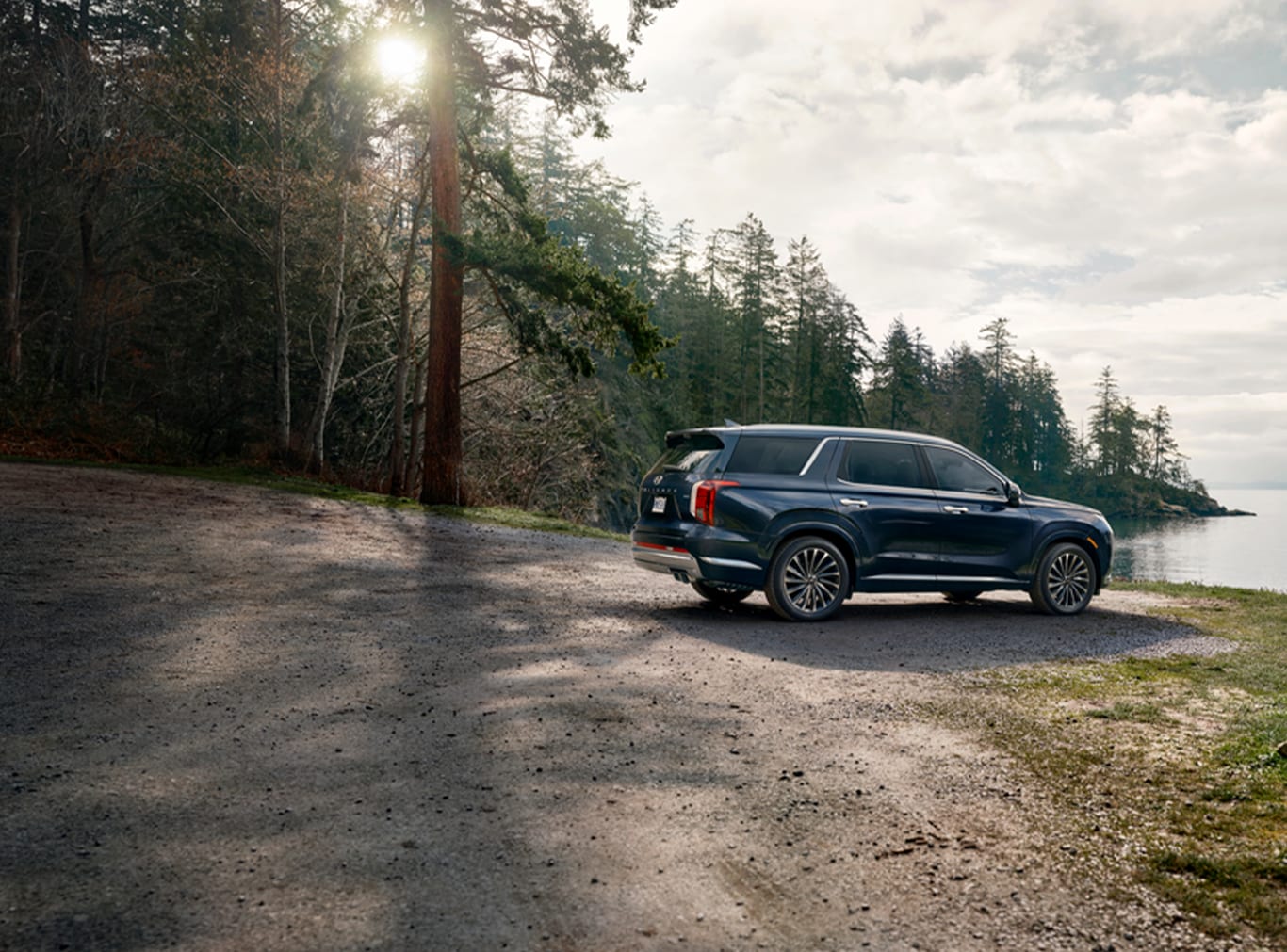 All-New 2023 Hyundai Palisade at West Broad Hyundai | Rear view of a navy blue Hyundai Palisade parked by a lake with trees behind it 
