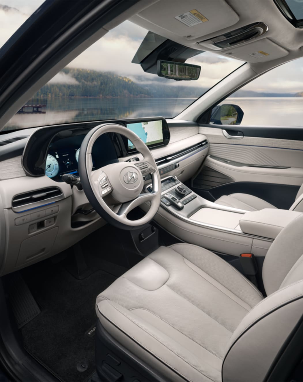 All-New 2023 Hyundai Palisade at West Broad Hyundai | Interior view of the drivers seat with white interior of a 2023 Hyundai Palisade 