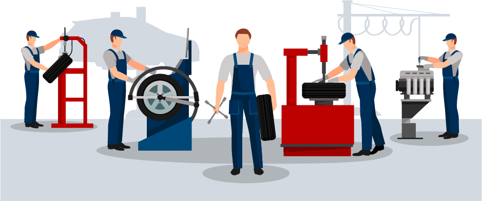 Basic Car Maintenance and Servicing Checklist | West Broad Kia | Illustration of 5 Car Technicians in a Line