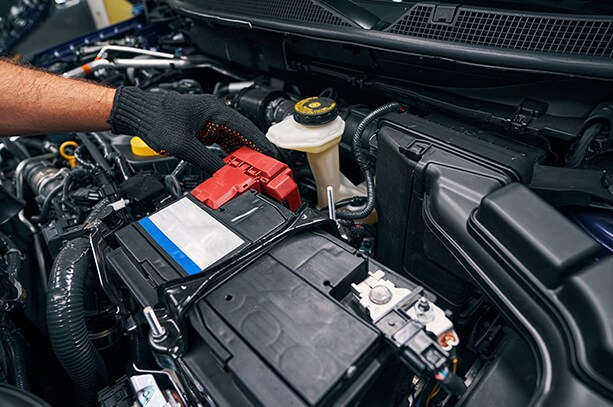 How to prepare your Kia for the winter season in Henrico, VA at West Broad Kia | Person wearing a black gloves is inspecting battery area in the engine bay 