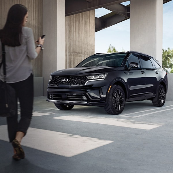 The All-New 2022 Kia Sorento Plug-In Hybrid at West Broad Kia in Richmond | Black 2022 Kia Sorento Plug-In Hybrid Parked in Parking Garage
