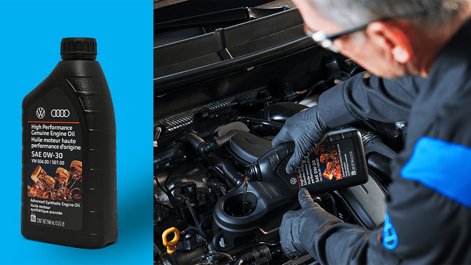 3 Main Benefits of Using OEM parts for your vehicle at West Broad VW in Richmond, VA | Volkswagen Mechanic pouring in new OEM oil into engine / Black bottle of a new OEM Volkswagen OIl