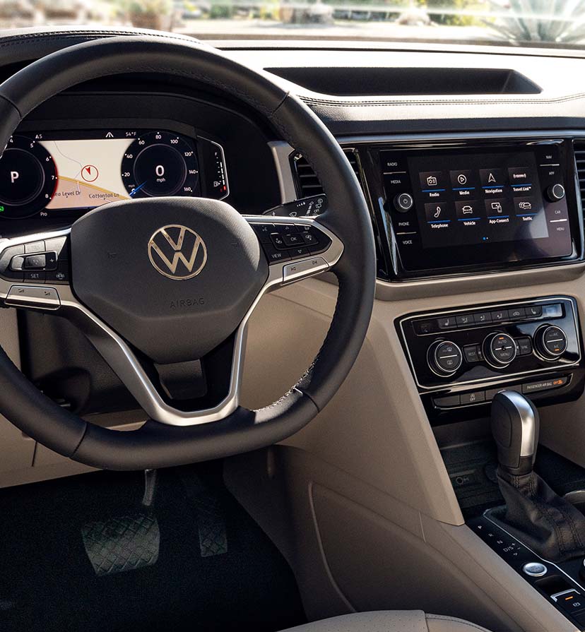 Compare the 2021 Volkswagen Atlas vs. the 2021 Ford Escape at West Broad Volkswagen | Interior of the 2021 Volkswagen Atlas - Showing off the Infotainment Systen and All-Digital Dashboard