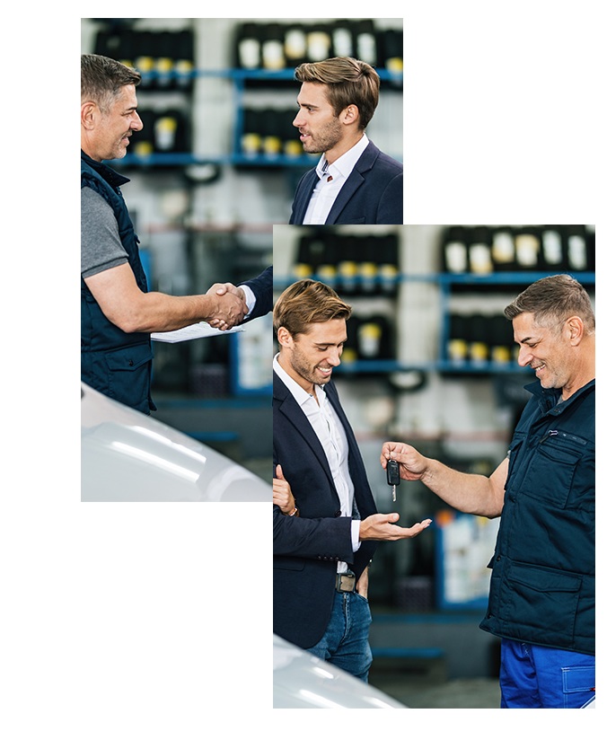 Trade in my leased car at West Broad VW in Richmond, VA | Customer shaking hands with dealer / Customer handing over car keys to car dealer
