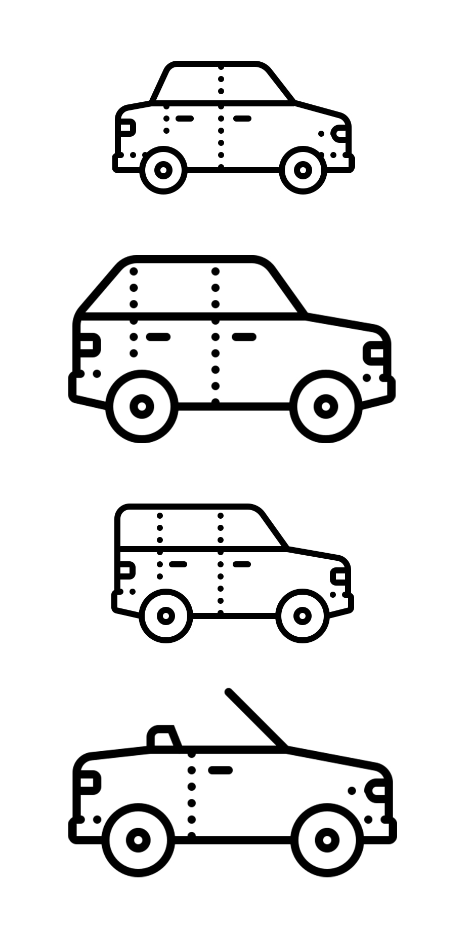 Vehicle Warranty Information at West Broad VW in Richmond, VA | line illustrations of four different cars (sedan, suv, bigger suv, and convertable)