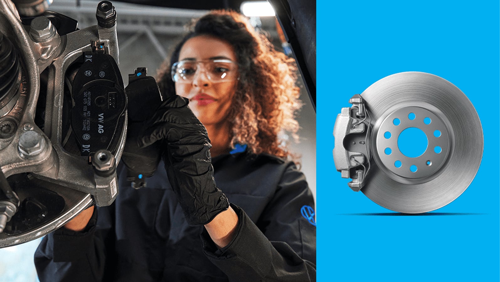 3 Main Benefits of Using OEM parts for your vehicle at West Broad VW in Richmond, VA | Mechanic wearing safety glasses is installing brake pads / Silver brake rotors and Brake calipers