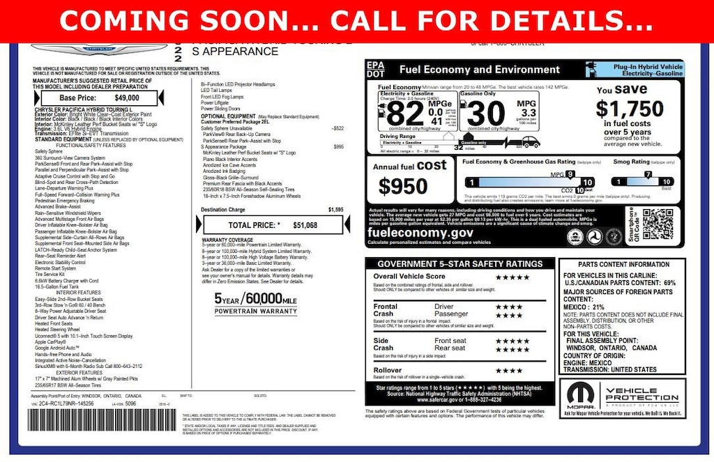 Certified 2022 Chrysler Pacifica Hybrid Touring L Hybrid Touring L FWD