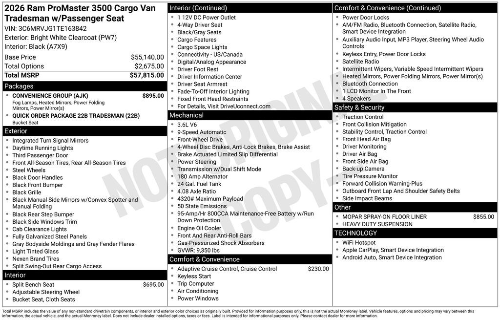 New 2026 Ram Promaster 3500 PROMASTER 3500 TRADESMAN CARGO VAN HIGH ROOF 159' Cargo Van
