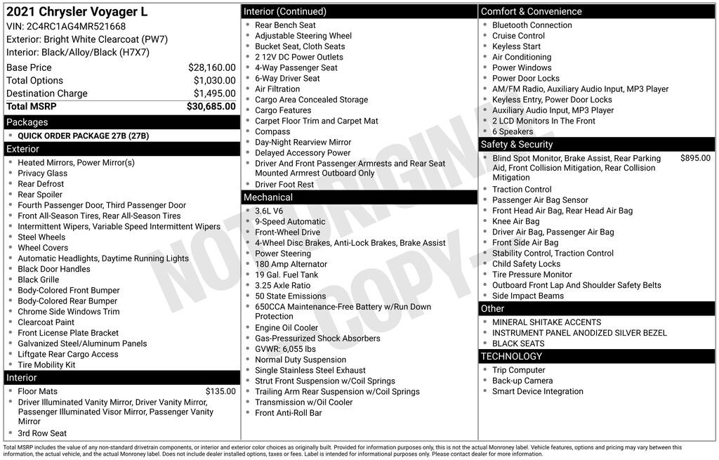 Used 2021 Chrysler Voyager L Van Passenger Van