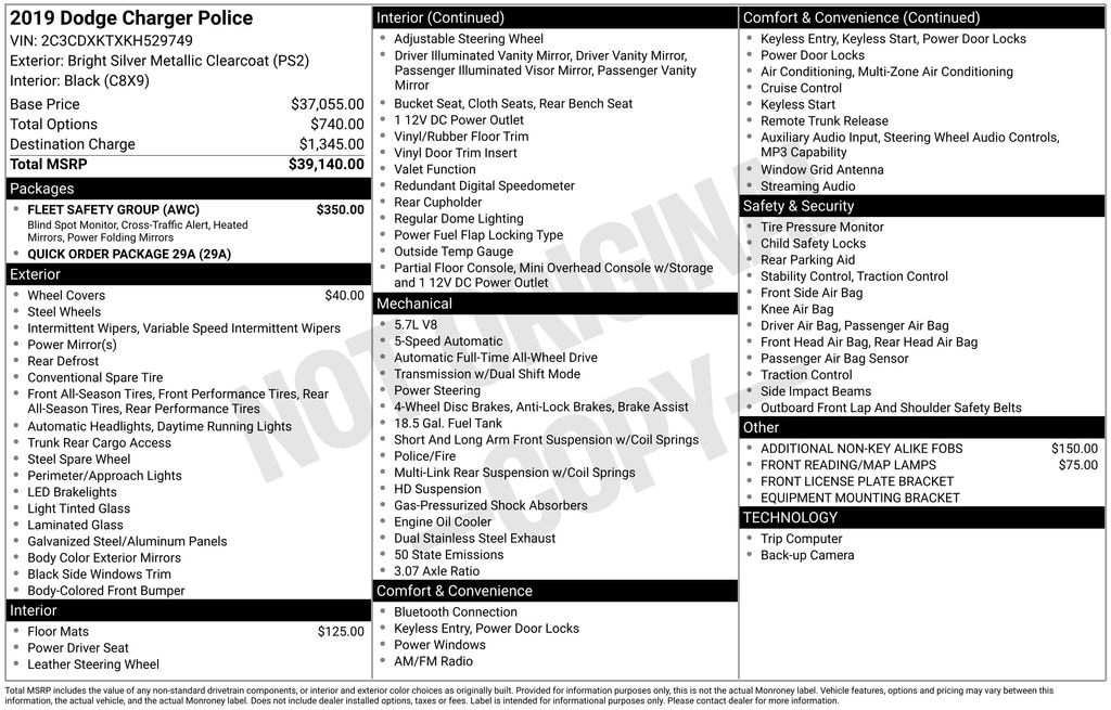 Used 2019 Dodge Charger Police Sedan