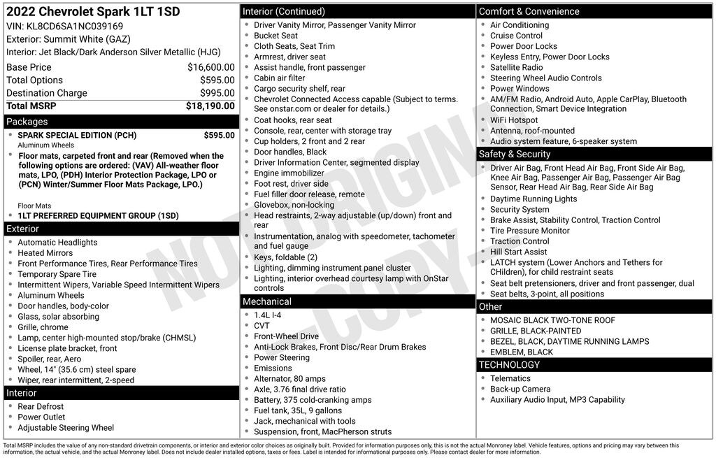 Used 2022 Chevrolet Spark 1LT Hatchback