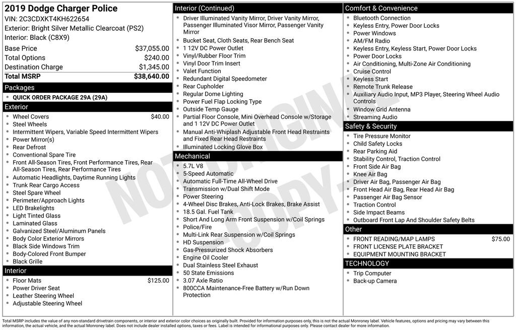 Used 2019 Dodge Charger Police Sedan