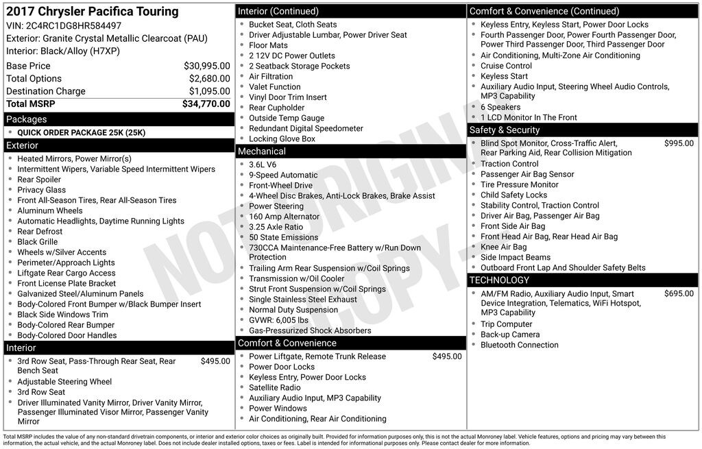 Used 2017 Chrysler Pacifica Touring Van