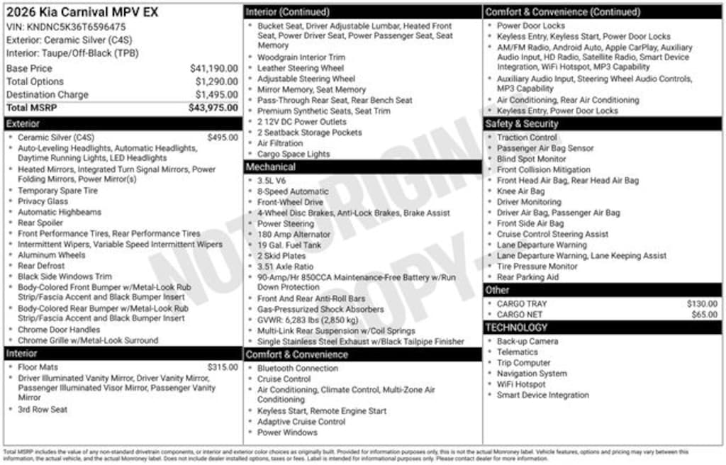 New 2026 Kia Carnival EX Van Passenger Van
