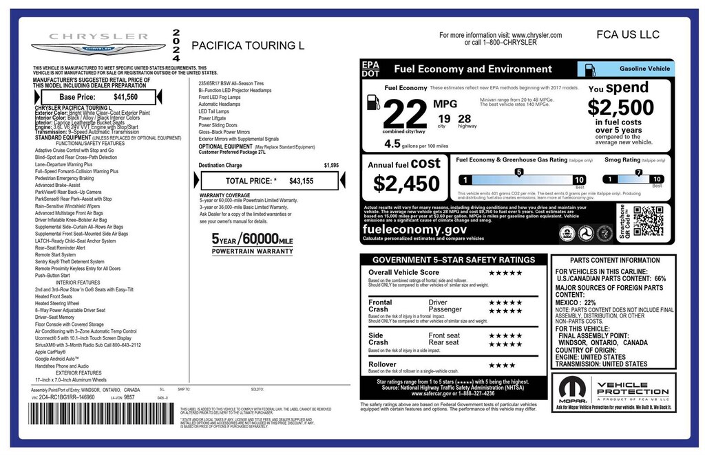 Certified 2024 Chrysler Pacifica Touring L Van