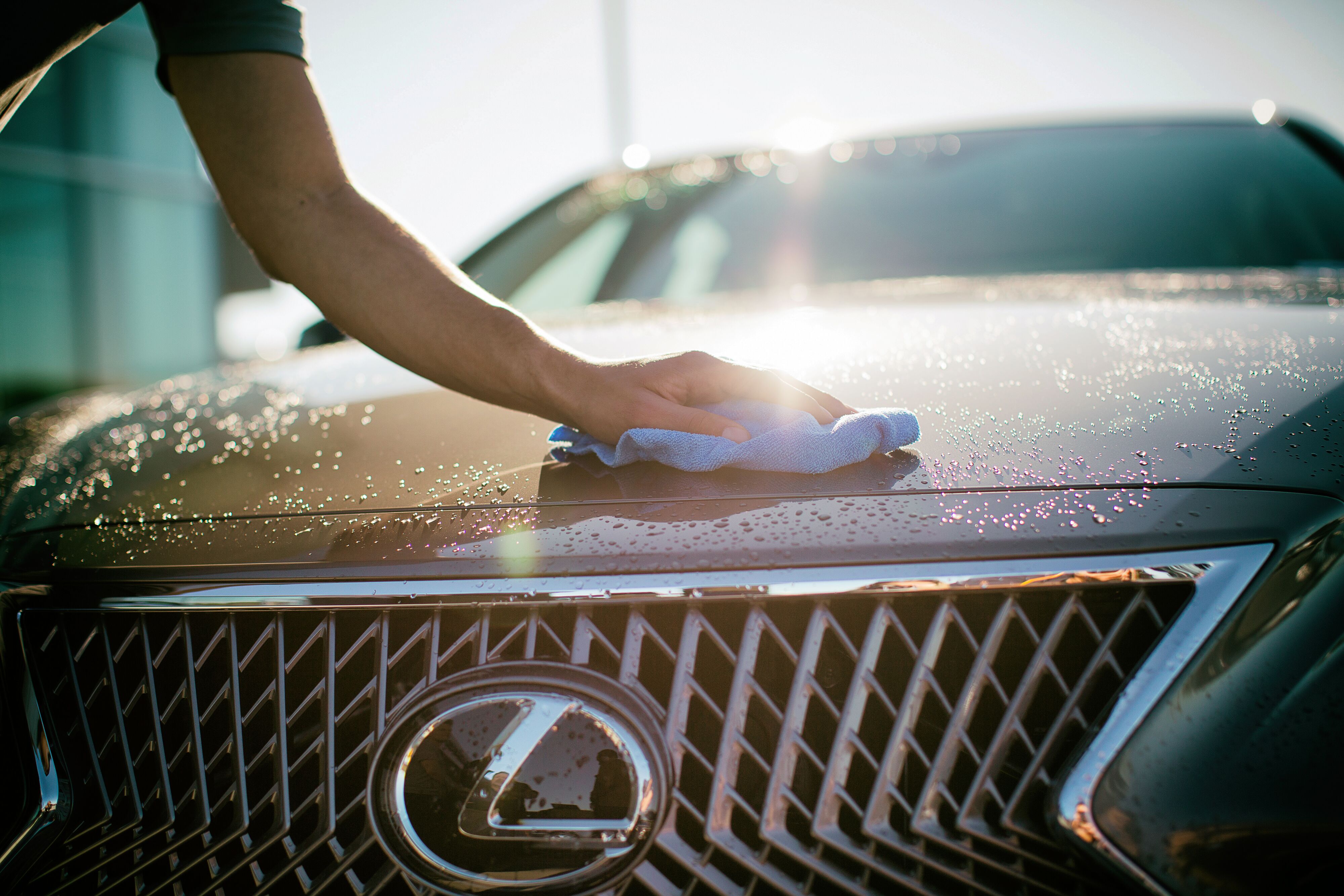 Close-up of hand wiping water droplets off a Lexus hood with a microfiber cloth above the front grille logo.