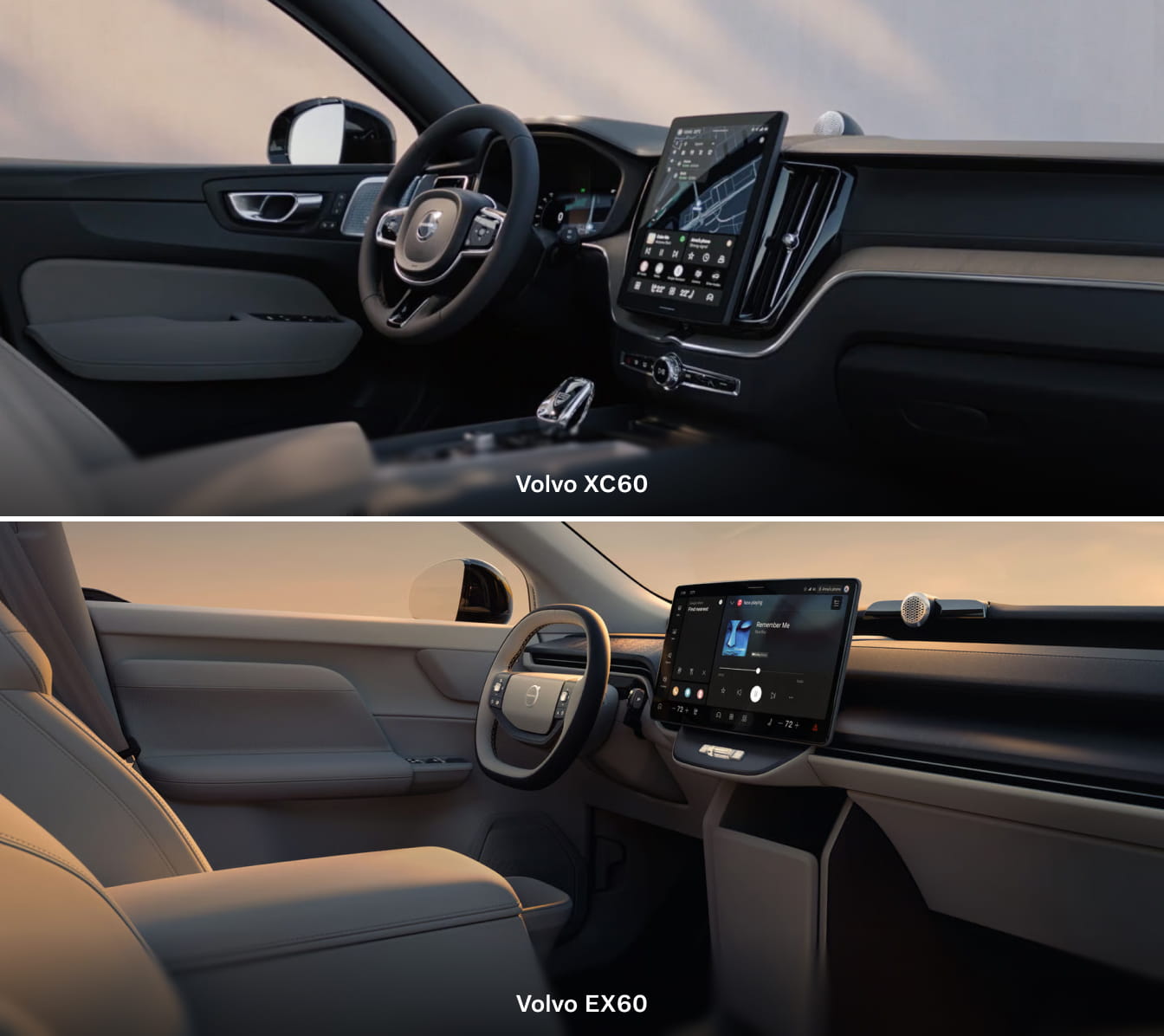 Interior comparison of the Volvo XC60 and EX60, highlighting their steering wheels, dashboards, and center touchscreen displays.