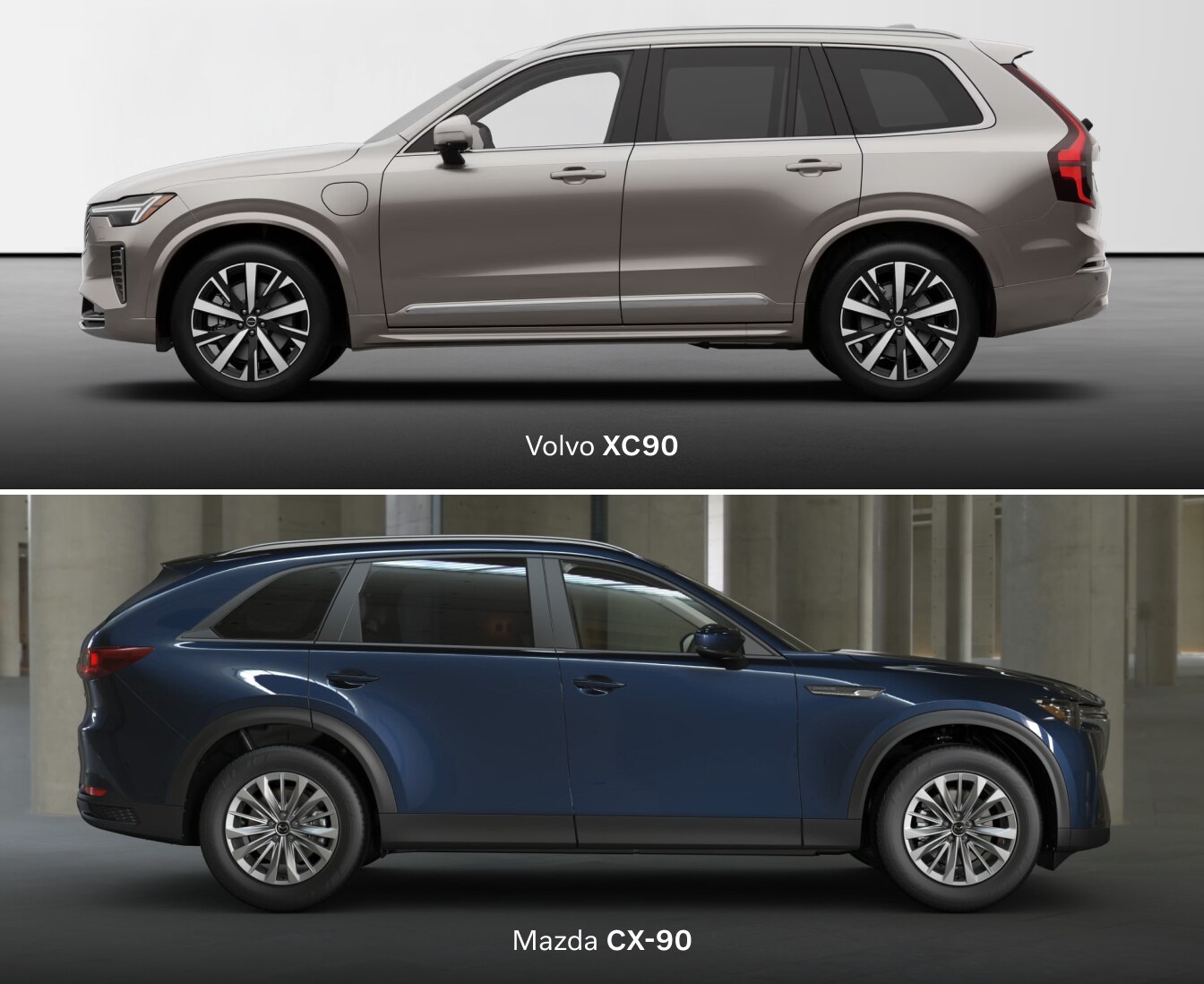 Side-by-side comparison of two SUVs: a 2026 Volvo XC90 above the 2026 Mazda CX-90, showcasing sleek designs and modern style.