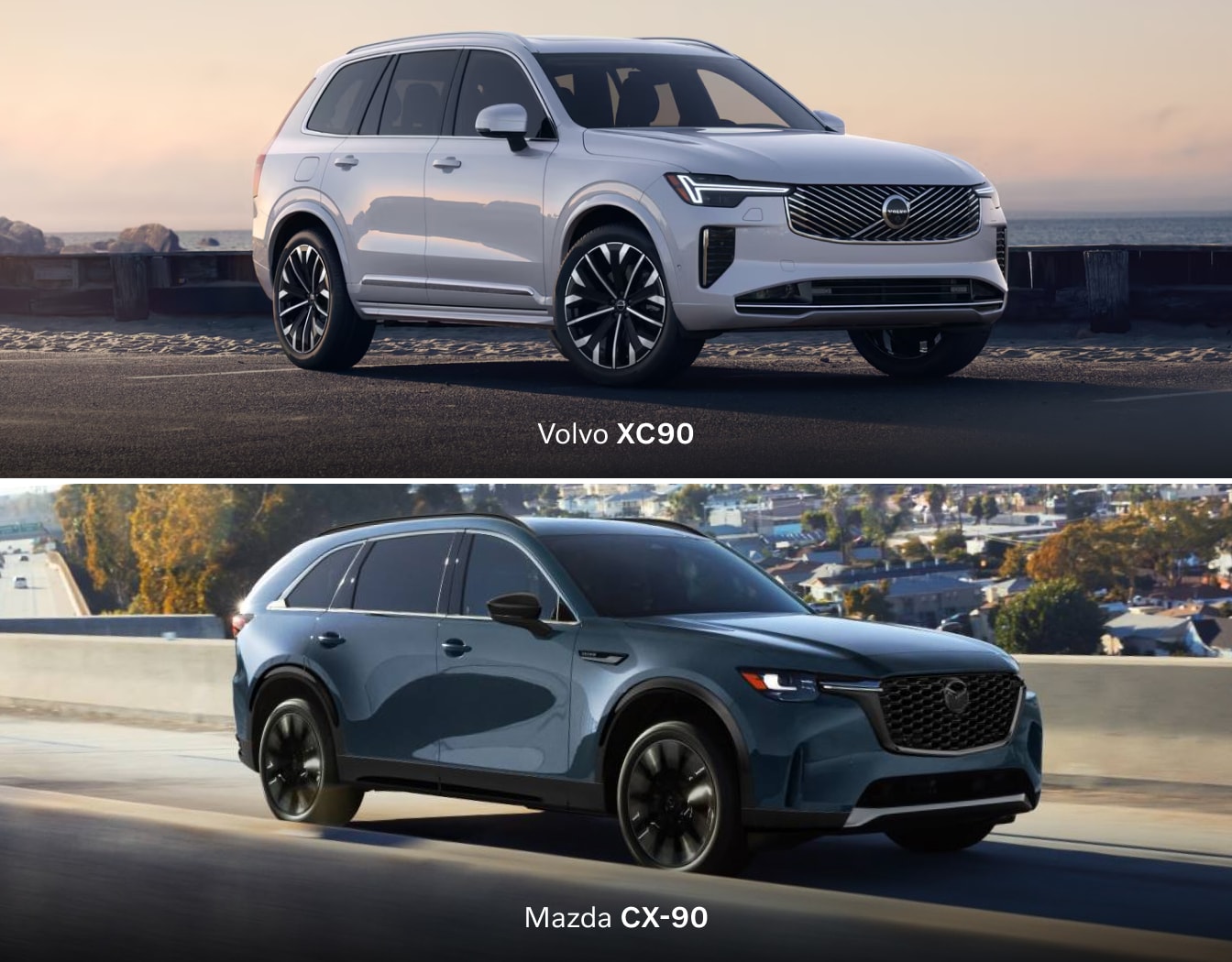 Split image showing the 2026 Volvo XC90 SUV on coastal road at sunset, and the 2026 Mazda CX-90 SUV on urban highway.