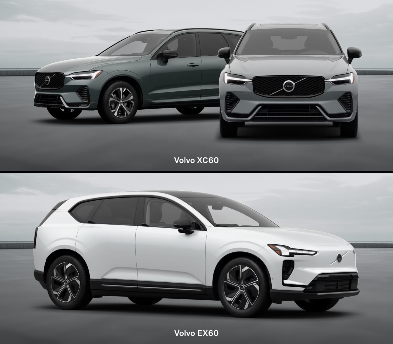 Volvo XC60 shown from front and three-quarter angles above a white Volvo EX60 shown from a front three-quarter angle.